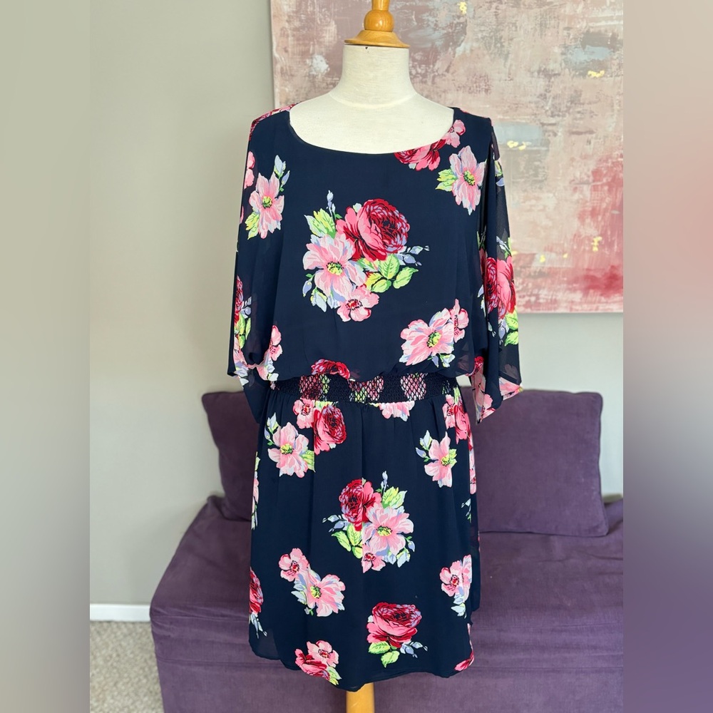 IMNYC Navy Floral Mid length Dress with Gather at the waist Size‎ L - XL